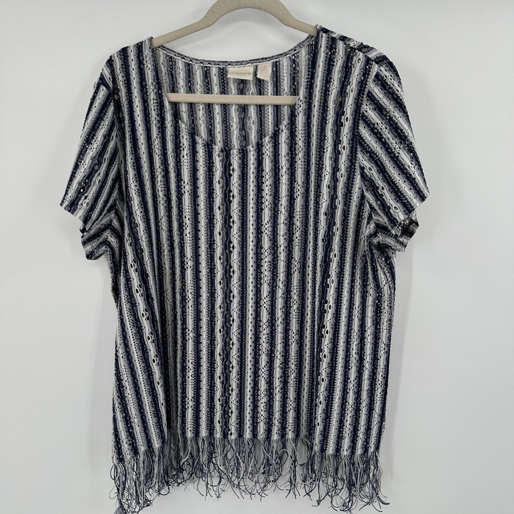 Chicos Striped Open‎ Knit Fringe Top Women Size XL Navy White Casual